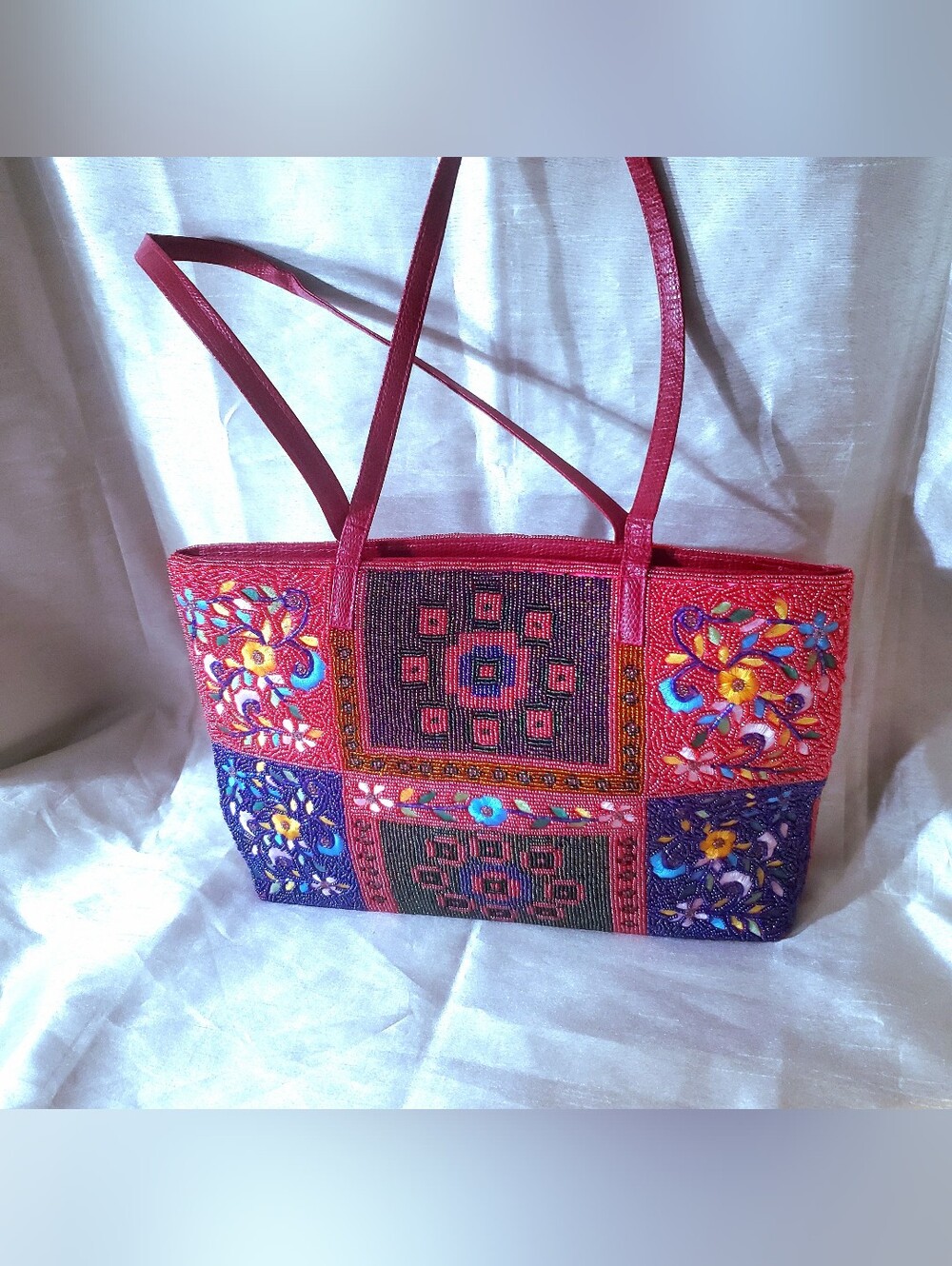Rare Beaded Embroidered Red Patchwork Tote Bag - Stylish Women's Shoulder Bag